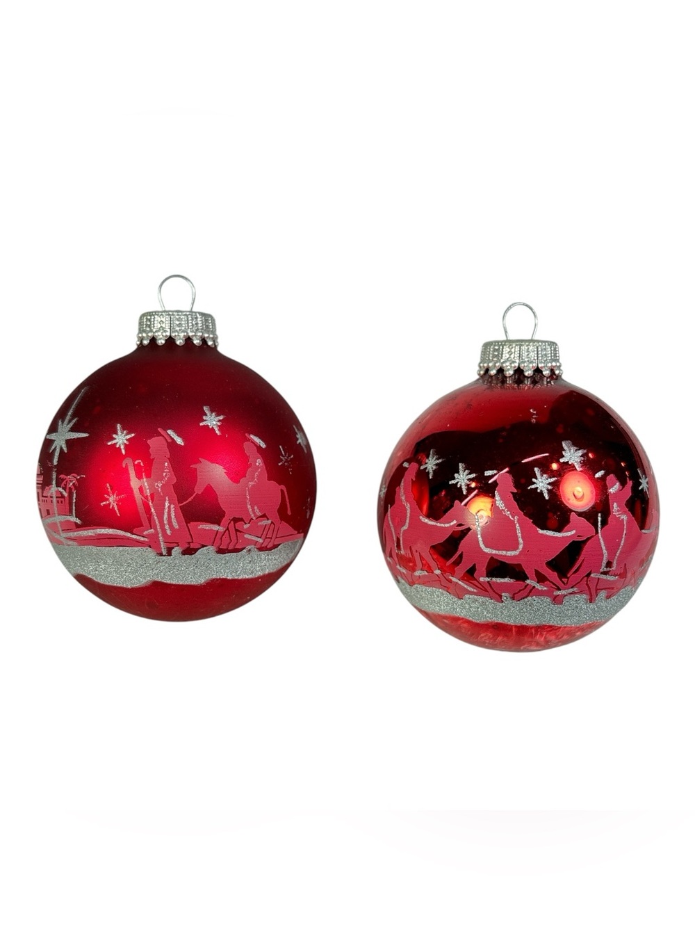 2 Vintage Red Nativity Bethlehem Stencil Mercury Glass Christmas Ornaments Balls